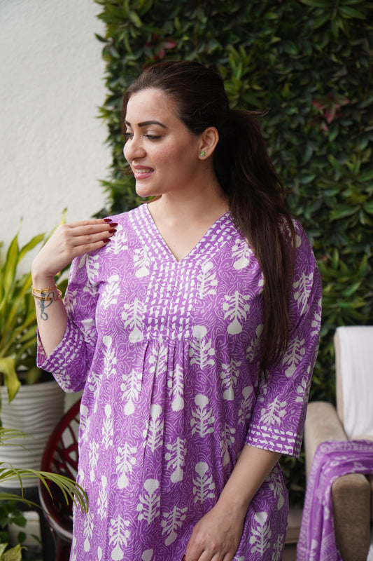 Saacha Floral Purple Cotton Kurti Set Wit Dupatta