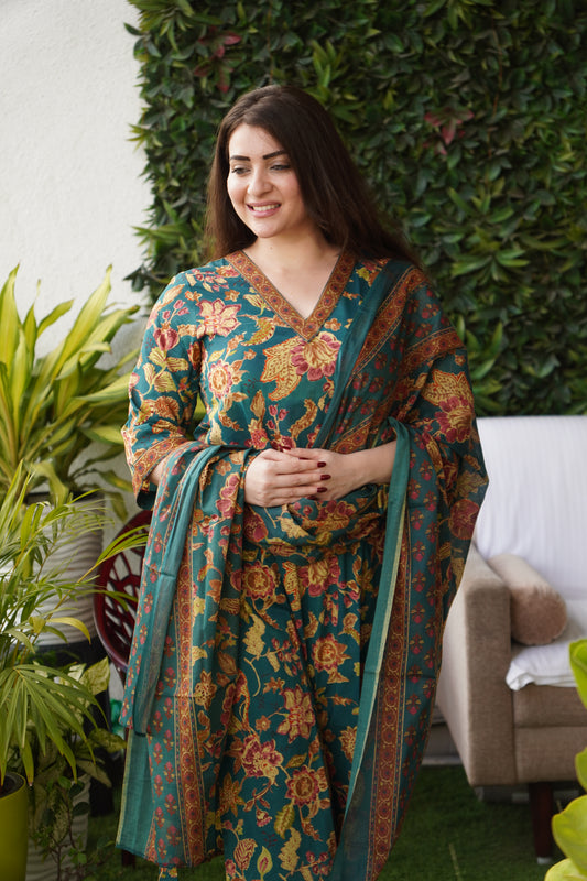 Saacha Pine Green Floral V Neck Cotton Suit Set