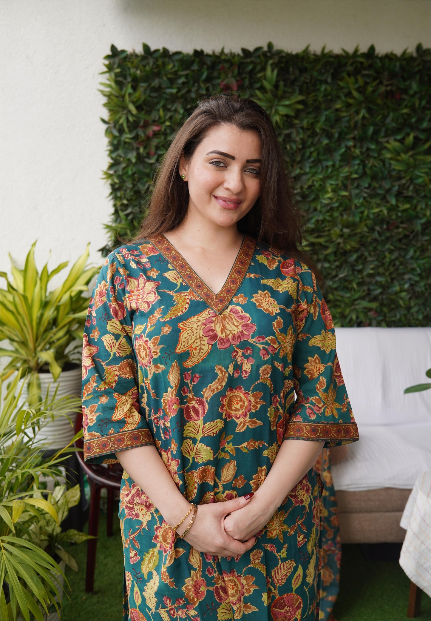 Saacha Pine Green Floral V Neck Cotton Suit Set