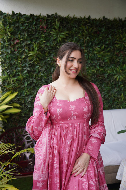 Saacha Pink Anarkali Cotton Set With Dupatta