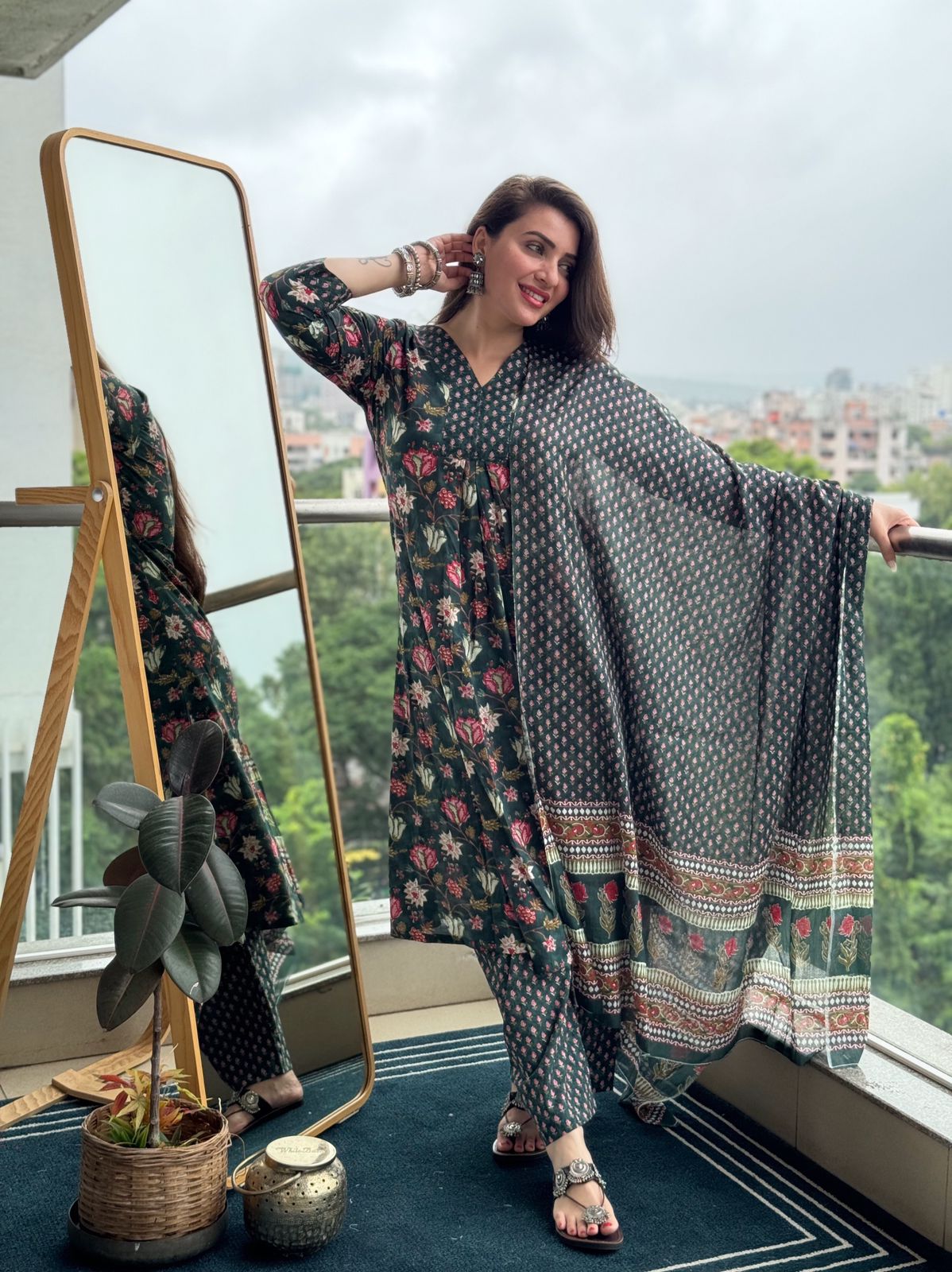 Saacha Green Floral Printed Anarkali Pure Cotton Kurta With Trousers & Dupatta