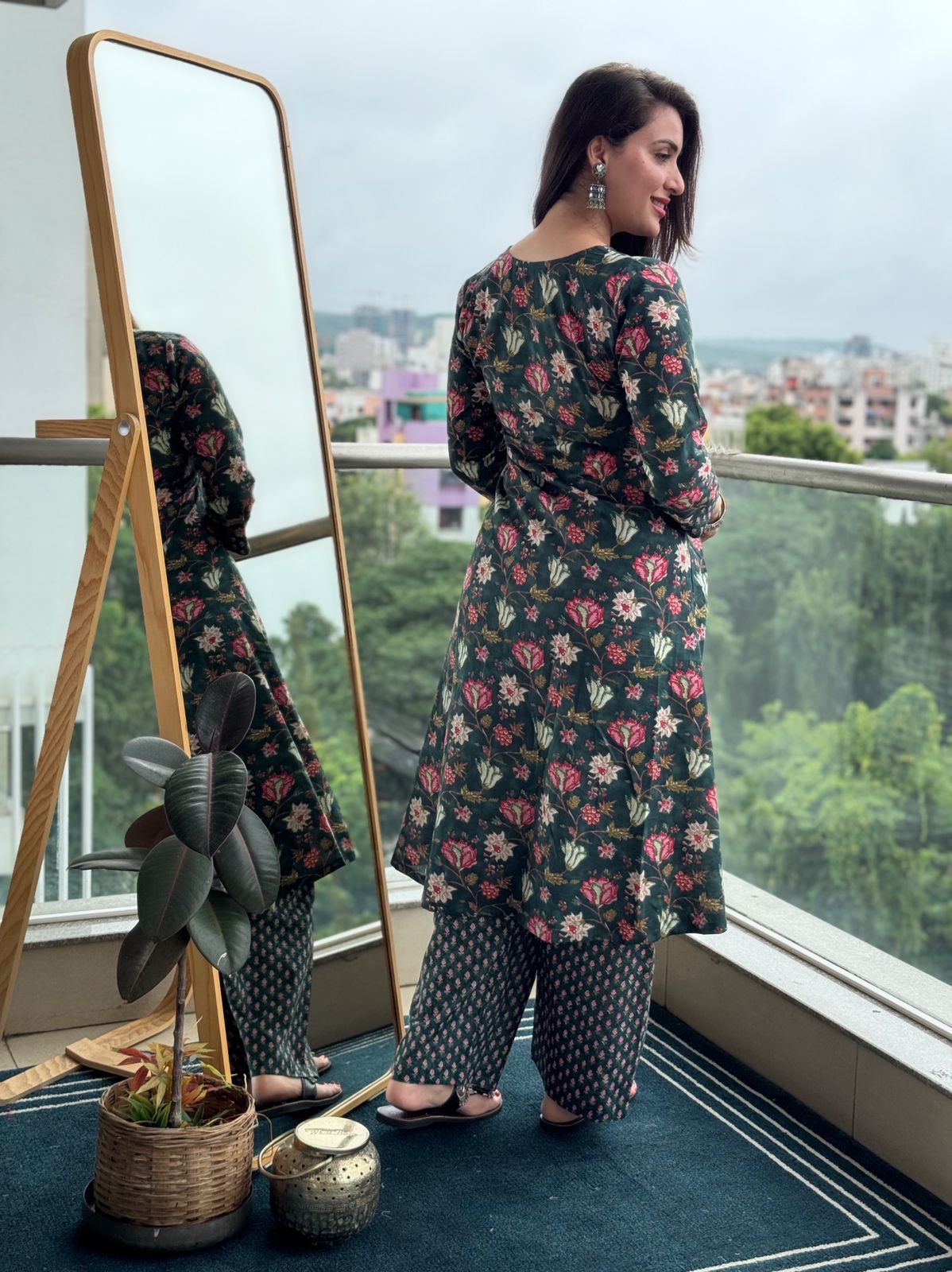 Saacha Green Floral Printed Anarkali Pure Cotton Kurta With Trousers & Dupatta