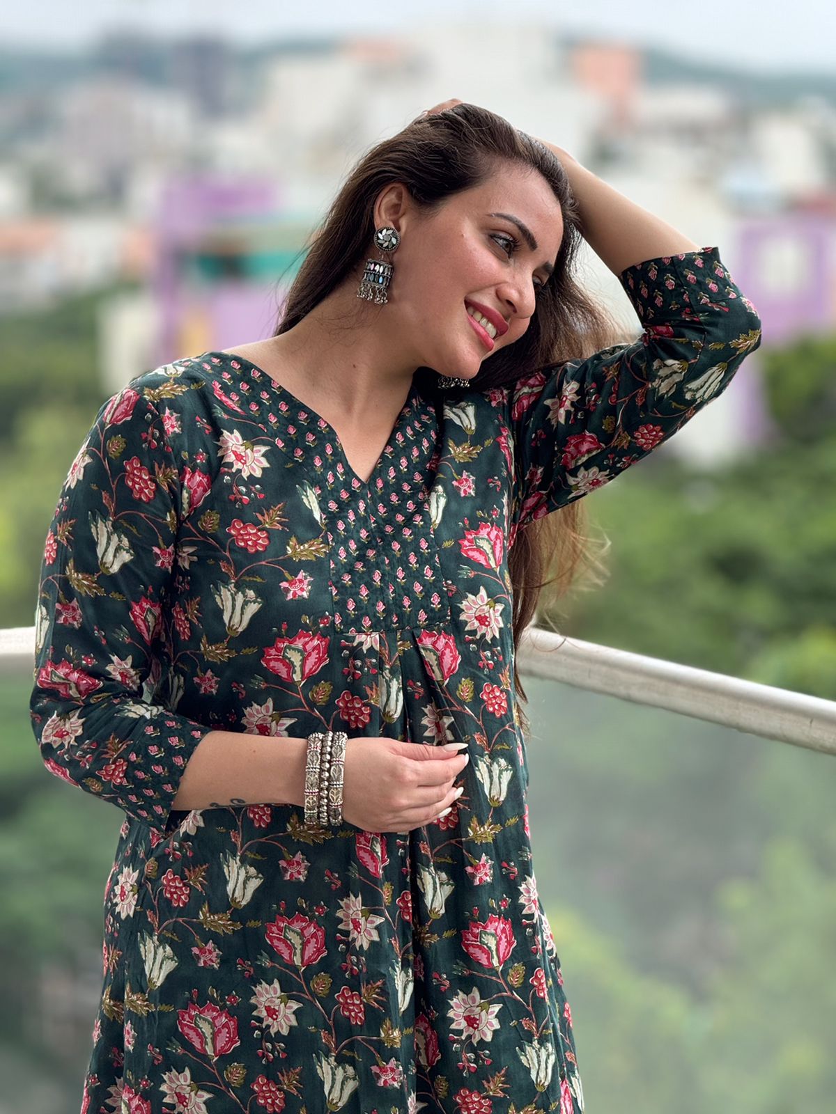 Saacha Green Floral Printed Anarkali Pure Cotton Kurta With Trousers & Dupatta