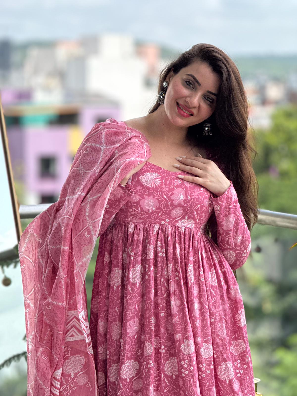 Saacha Pink Floral Anarkali Pure Cotton & Dupatta