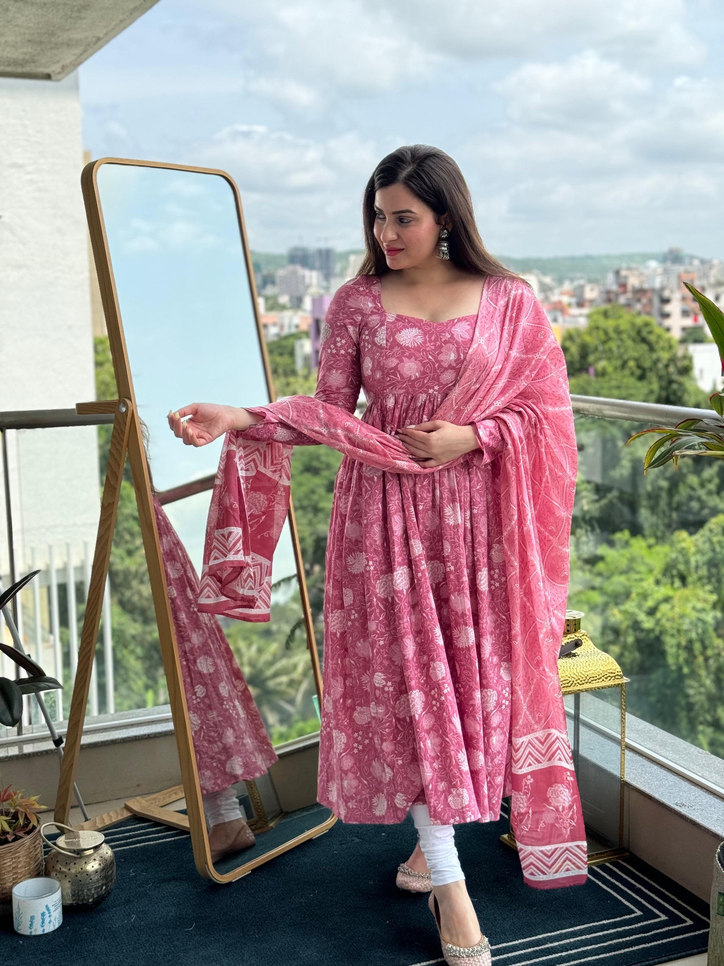 Saacha Pink Floral Anarkali Pure Cotton & Dupatta