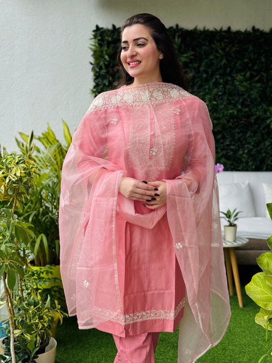 Saacha Pink Embroidery with Organza Dupatta
