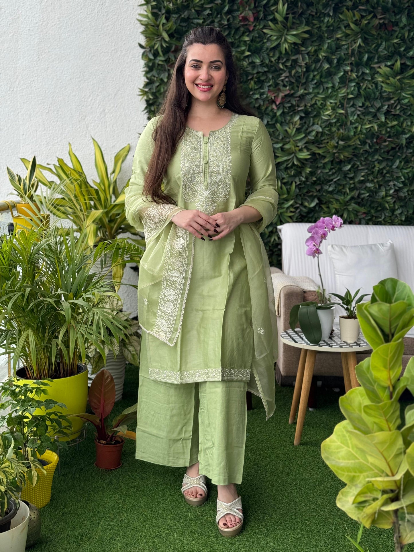 Saacha Pistachio Kurti With Organza Dupatta