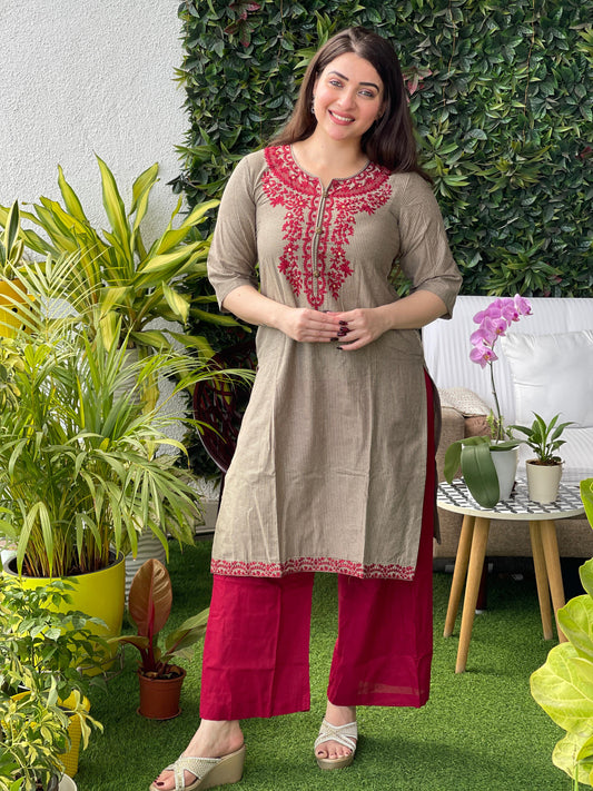 Saacha Brown Red Embroidery Kurti Set