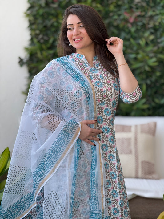 cotton blue white kurti set