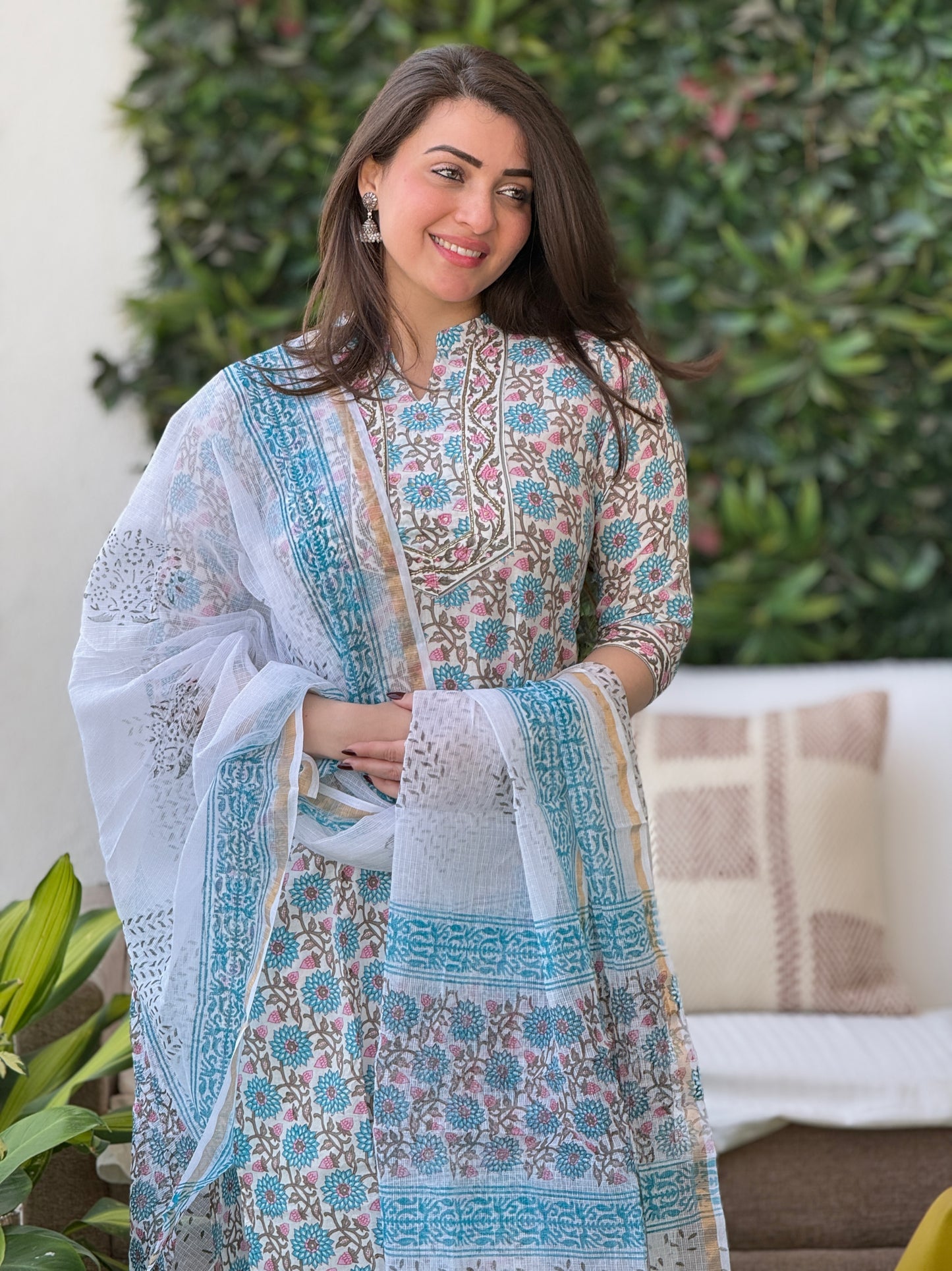 cotton blue white kurti set