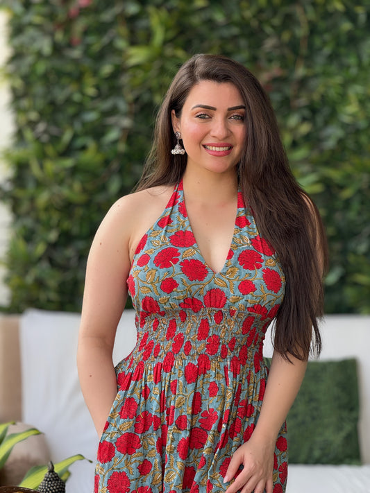 Saacha Red Handblock Printed Pure Cotton Sleeveless Dress