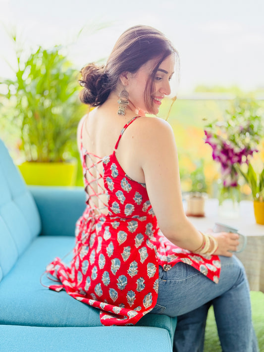 women's top red hand block printed 100% pure cotton