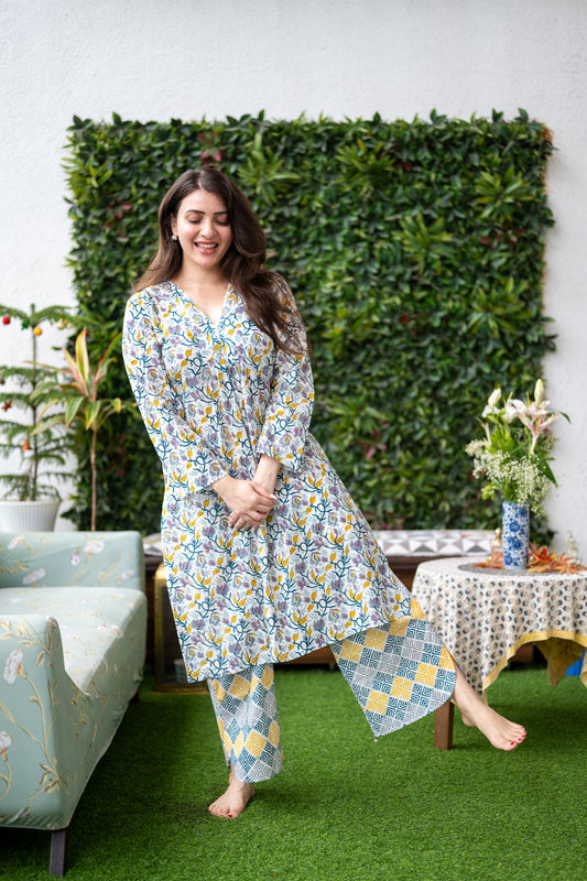 Hand Block Printed White & Yellow Printed Cotton Cord -Set