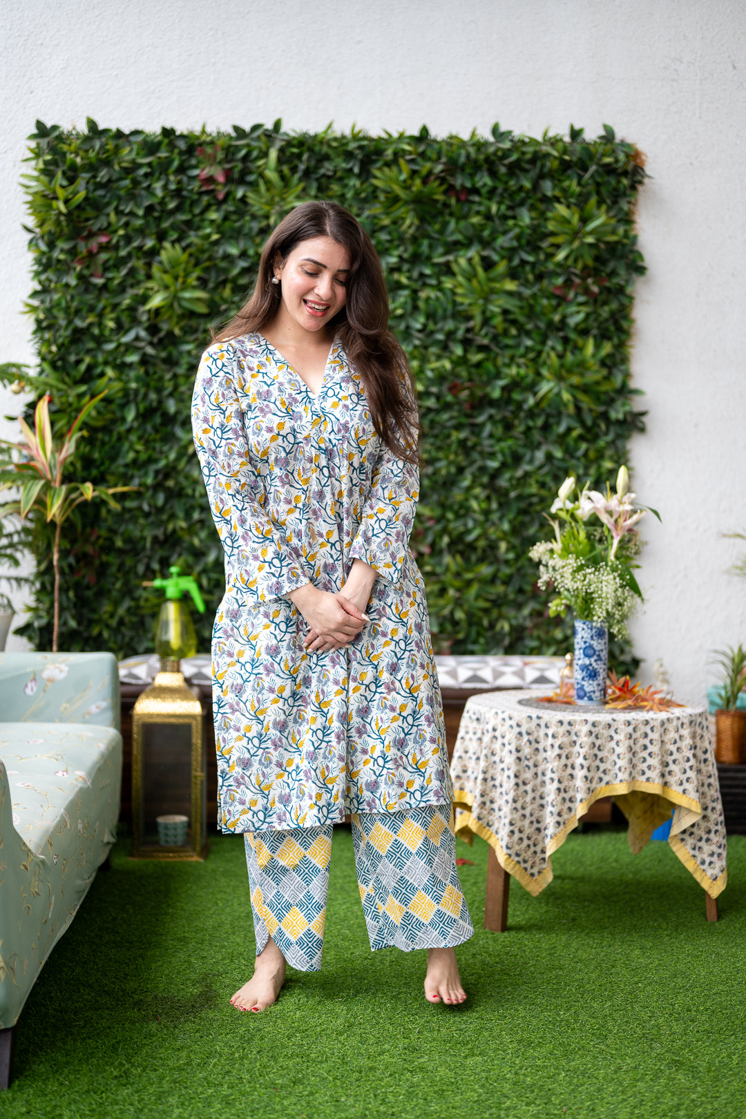 Hand Block Printed White & Yellow Printed Cotton Cord -Set