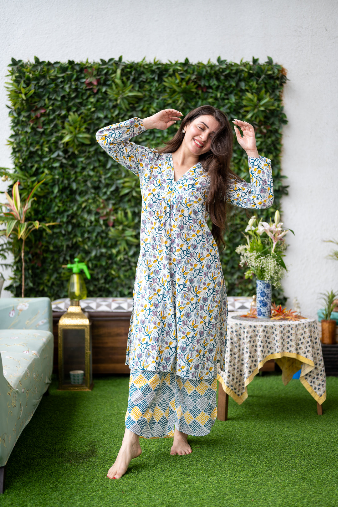 Hand Block Printed White & Yellow Printed Cotton Cord -Set