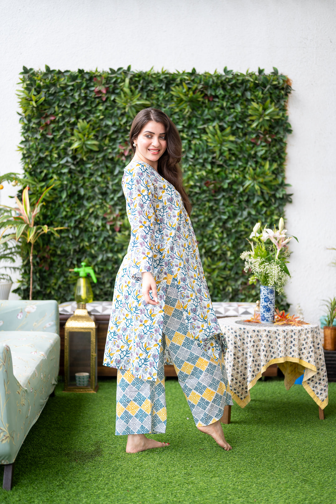 Hand Block Printed White & Yellow Printed Cotton Cord -Set