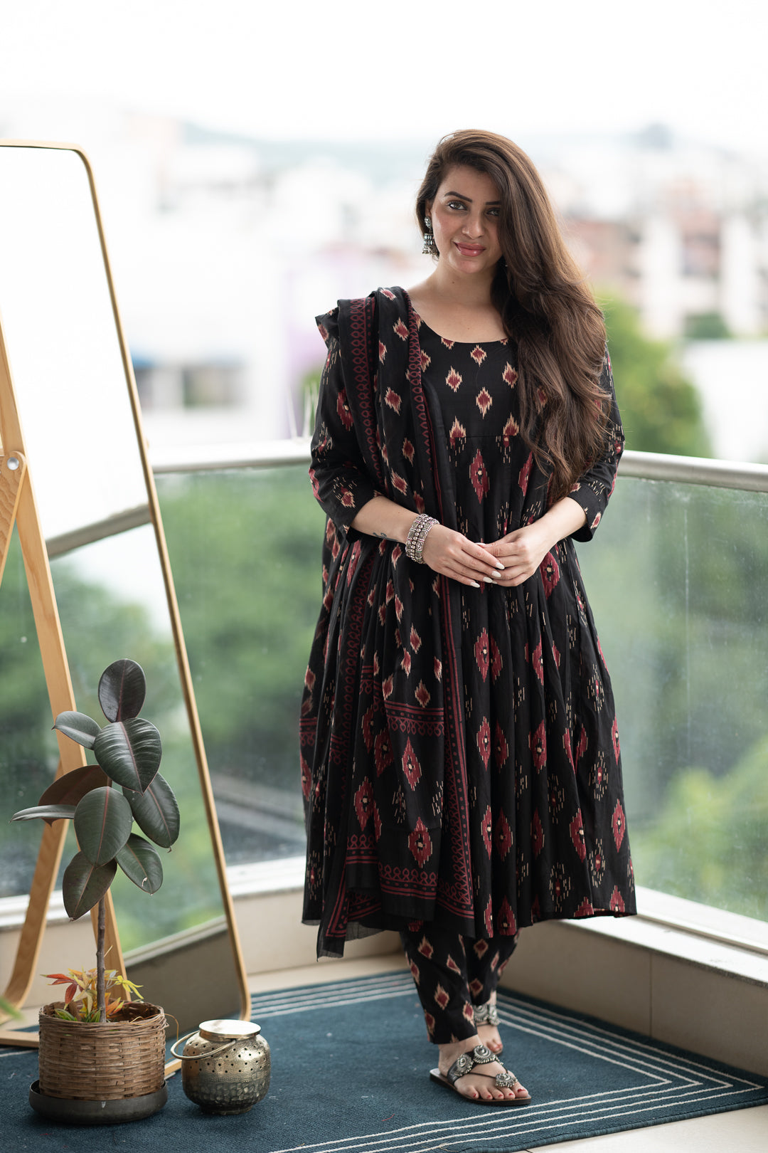 Saacha Black Anarkali Pure Cotton Kurta With Trousers & Dupatta