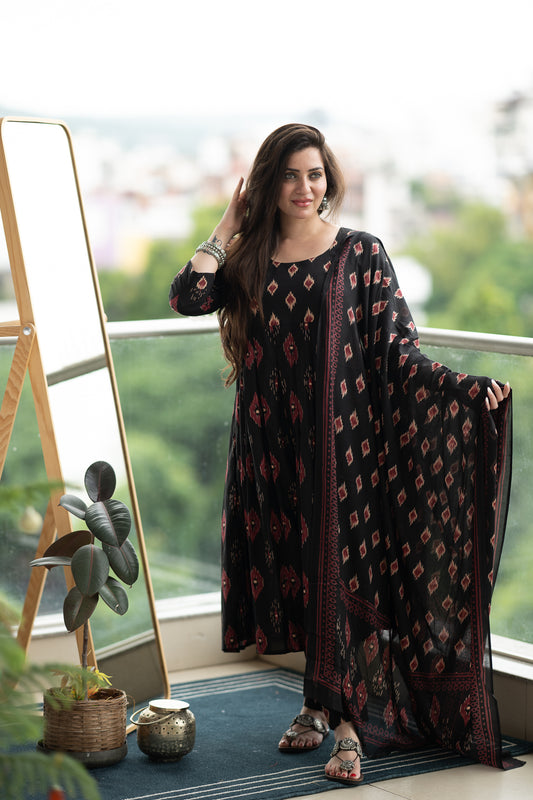 Saacha Black Anarkali Pure Cotton Kurta With Trousers & Dupatta