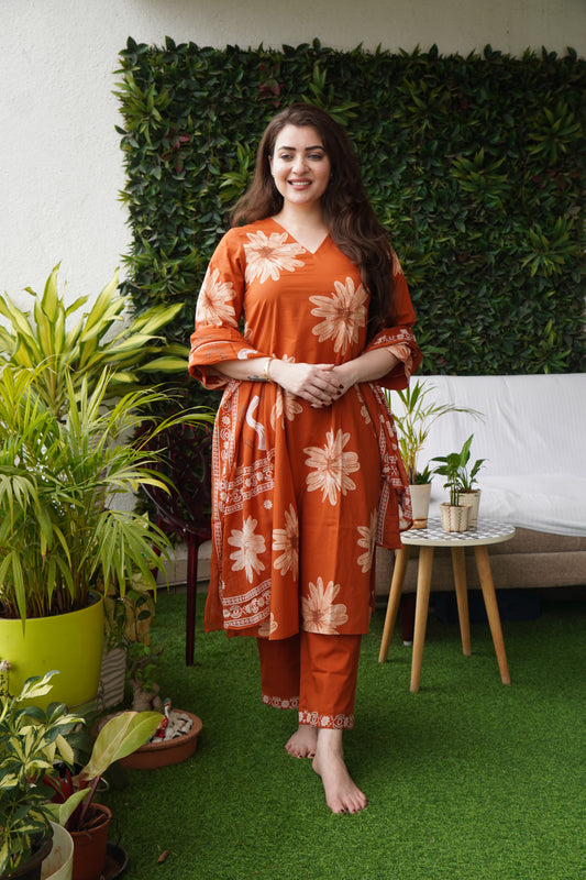 Saacha Day Dream Orange Cotton Kurti Set With Dupatta