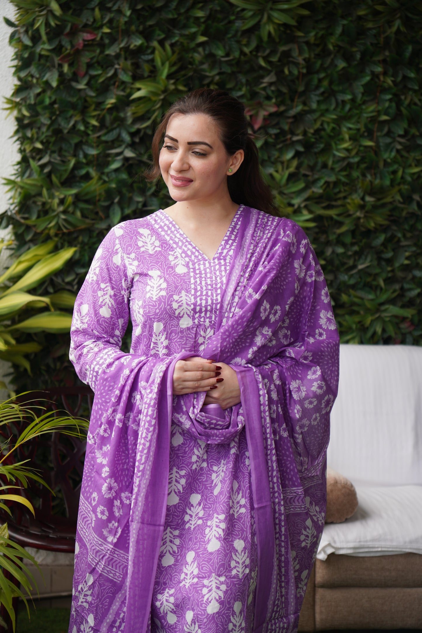 Saacha Floral Purple Cotton Kurti Set Wit Dupatta