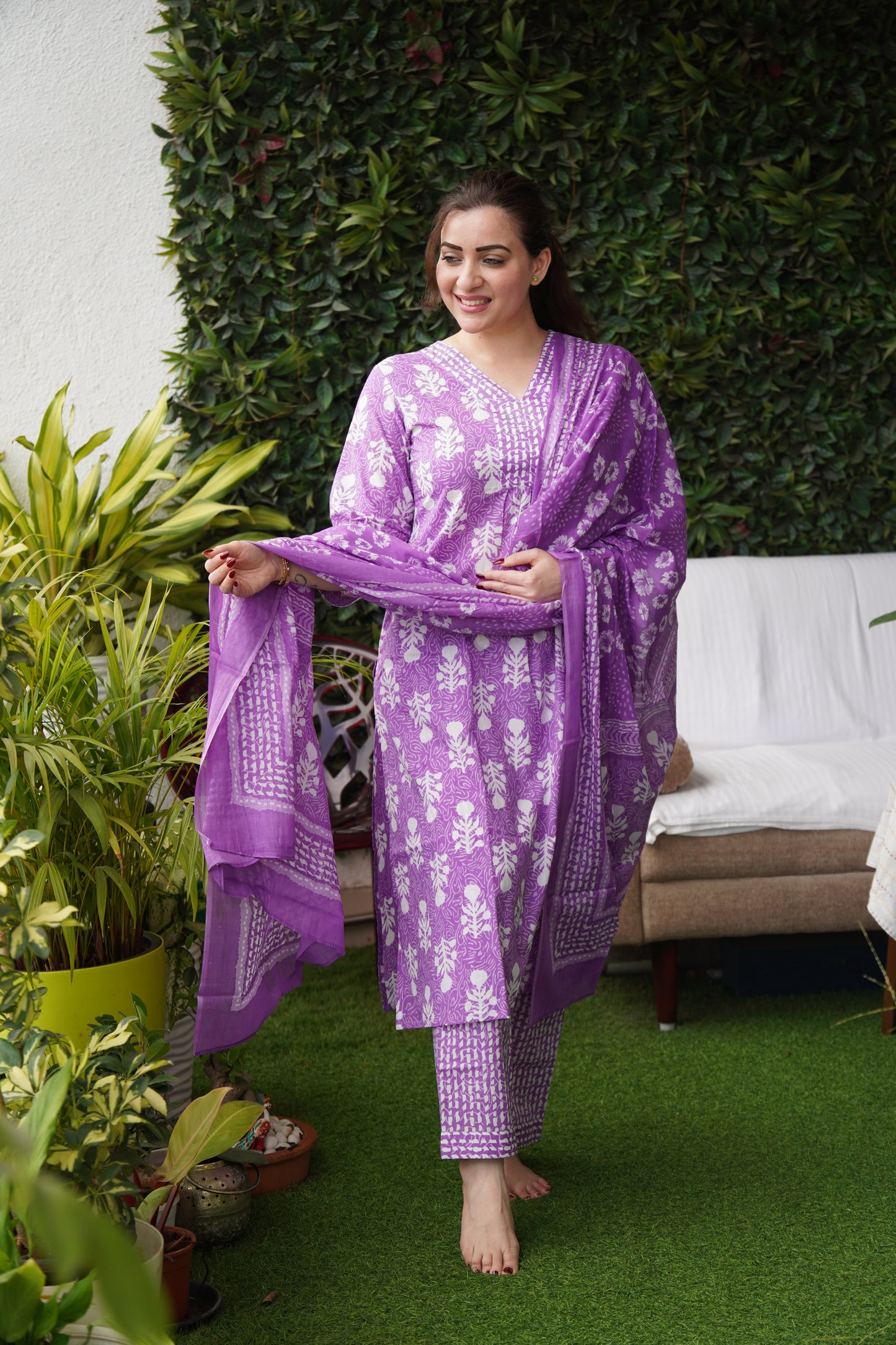 Saacha Floral Purple Cotton Kurti Set Wit Dupatta