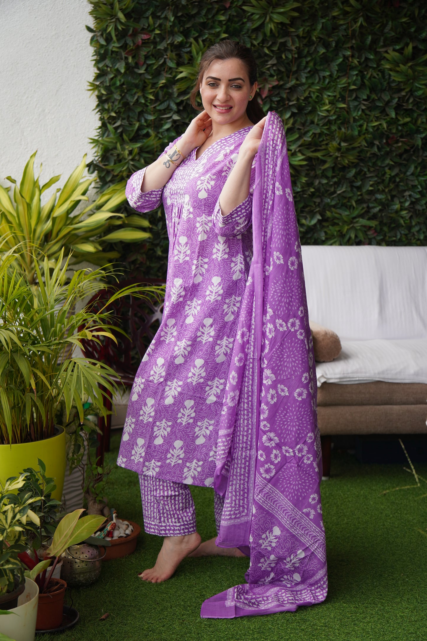 Saacha Floral Purple Cotton Kurti Set Wit Dupatta