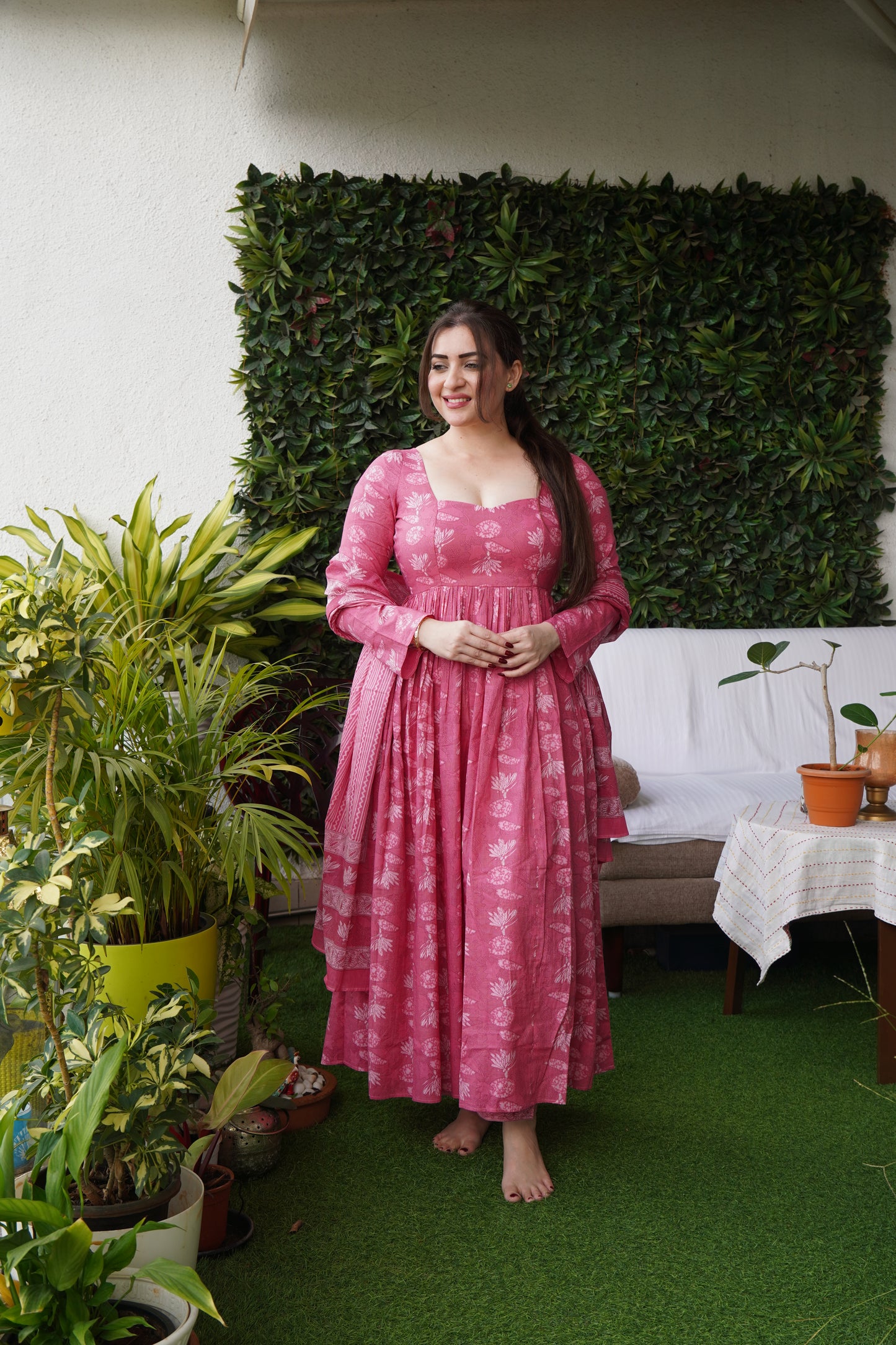 Saacha Pink Anarkali Cotton Set With Dupatta