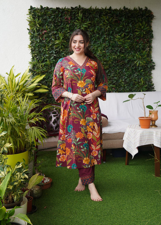 Saacha Florina Wine Red Cotton Kurti Set With Dupatta