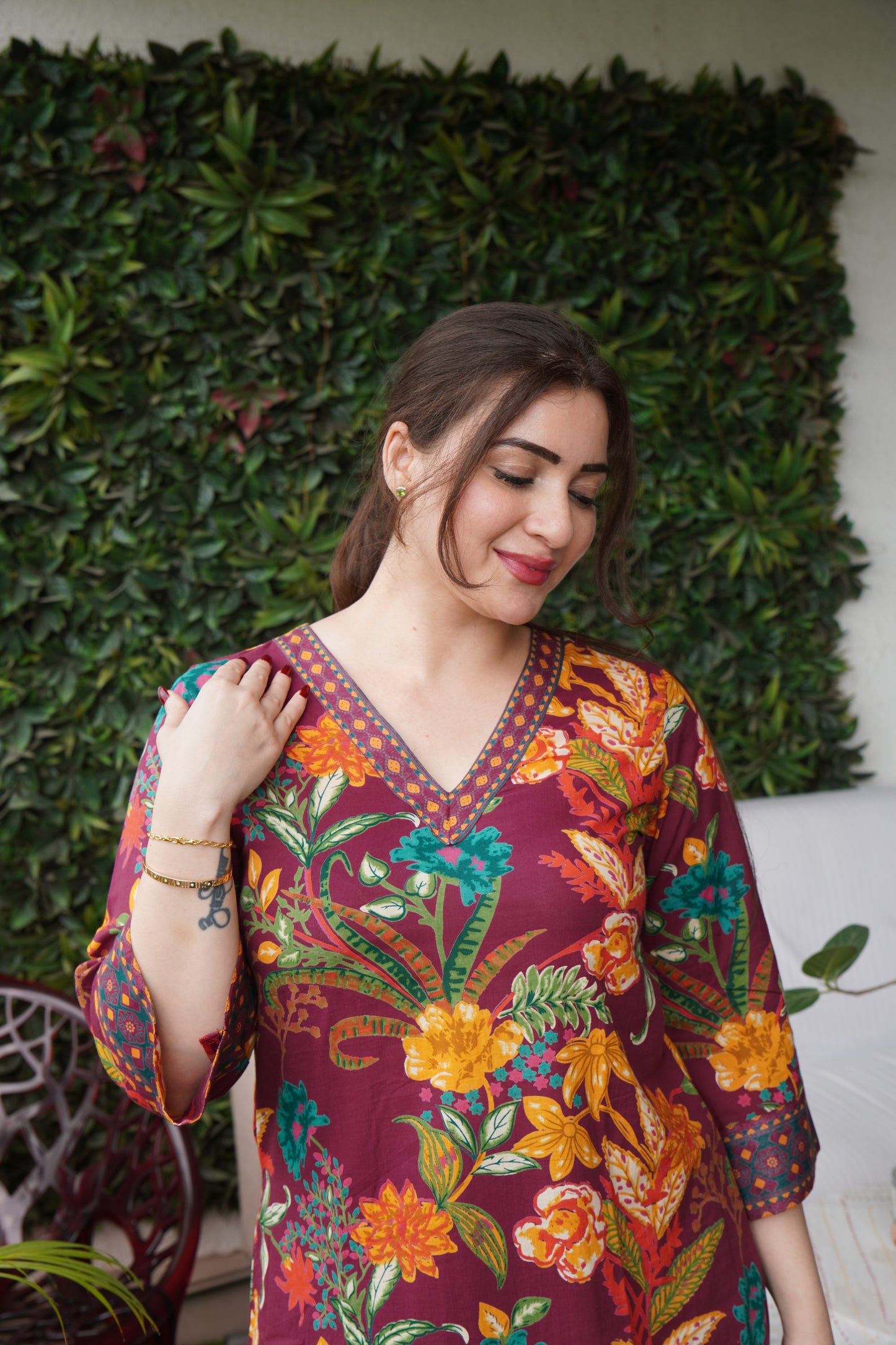 Saacha Florina Wine Red Cotton Kurti Set With Dupatta