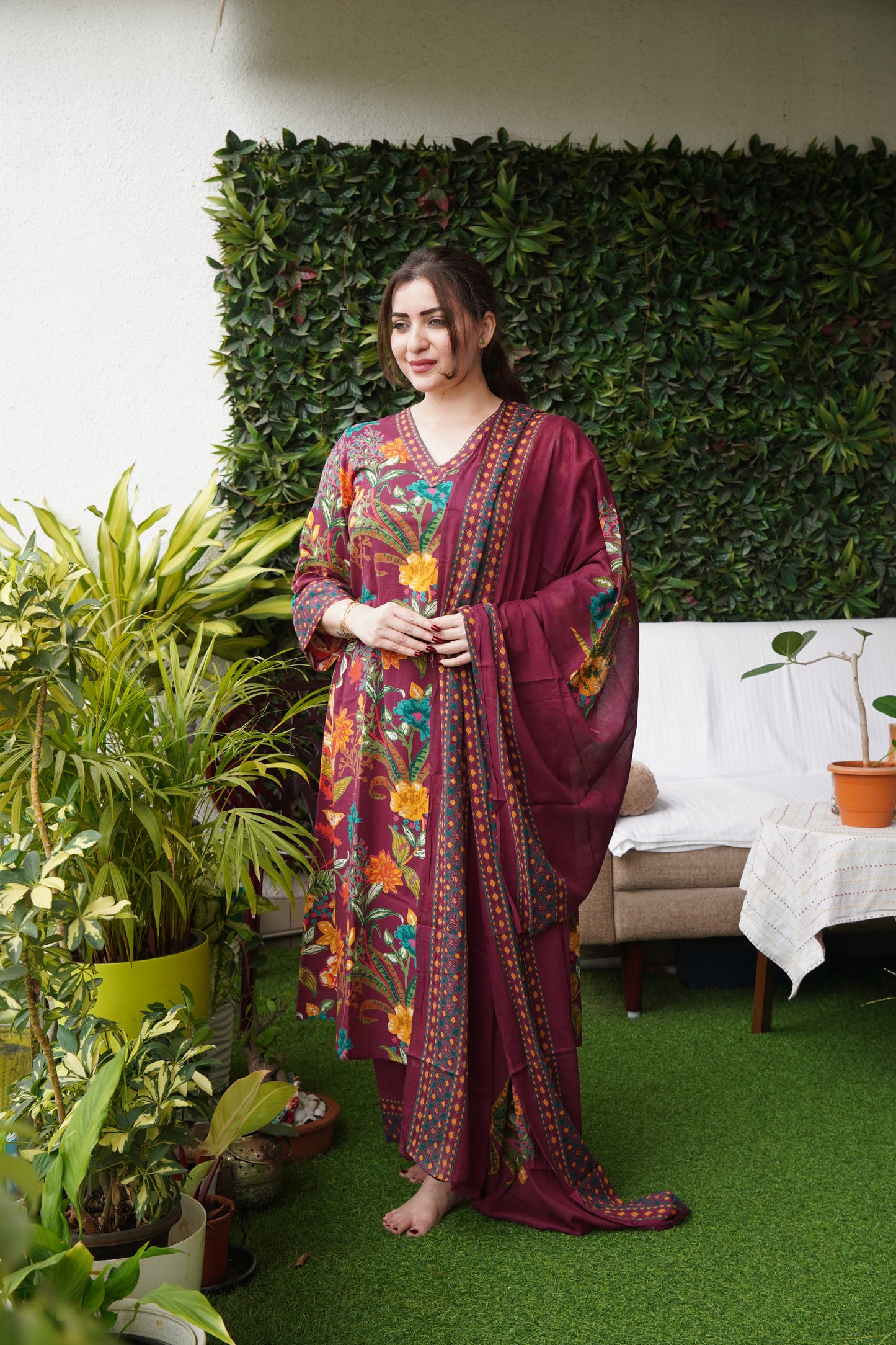 Saacha Florina Wine Red Cotton Kurti Set With Dupatta