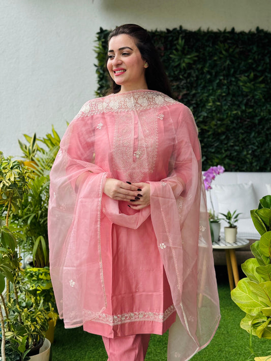 Saacha Pink Embroidery with Organza Dupatta