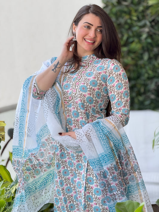 cotton blue white kurti set