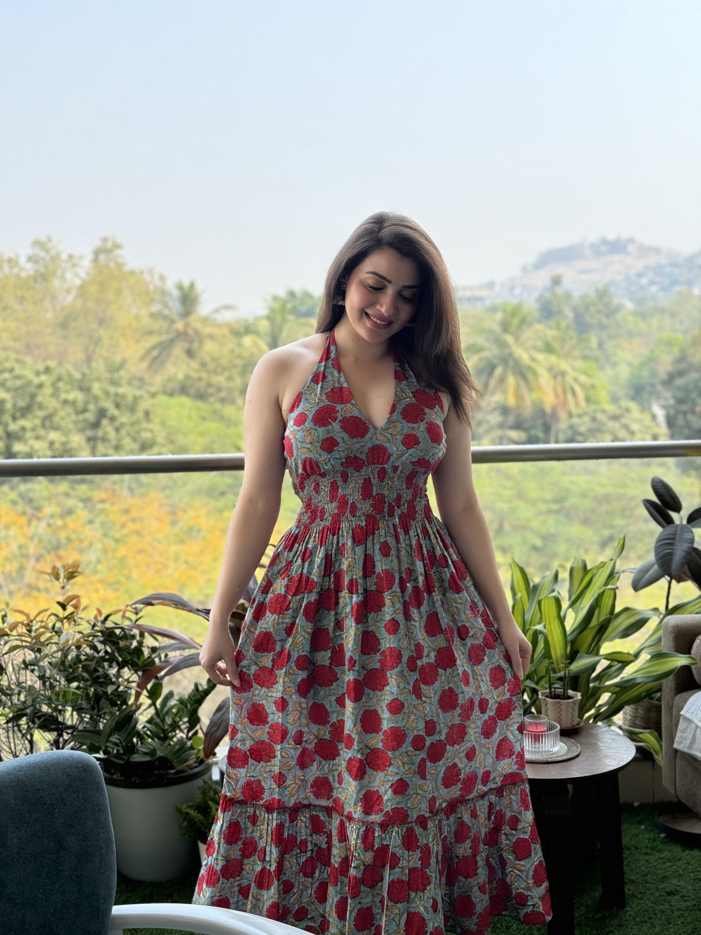 Saacha Red Handblock Printed Pure Cotton Sleeveless Dress