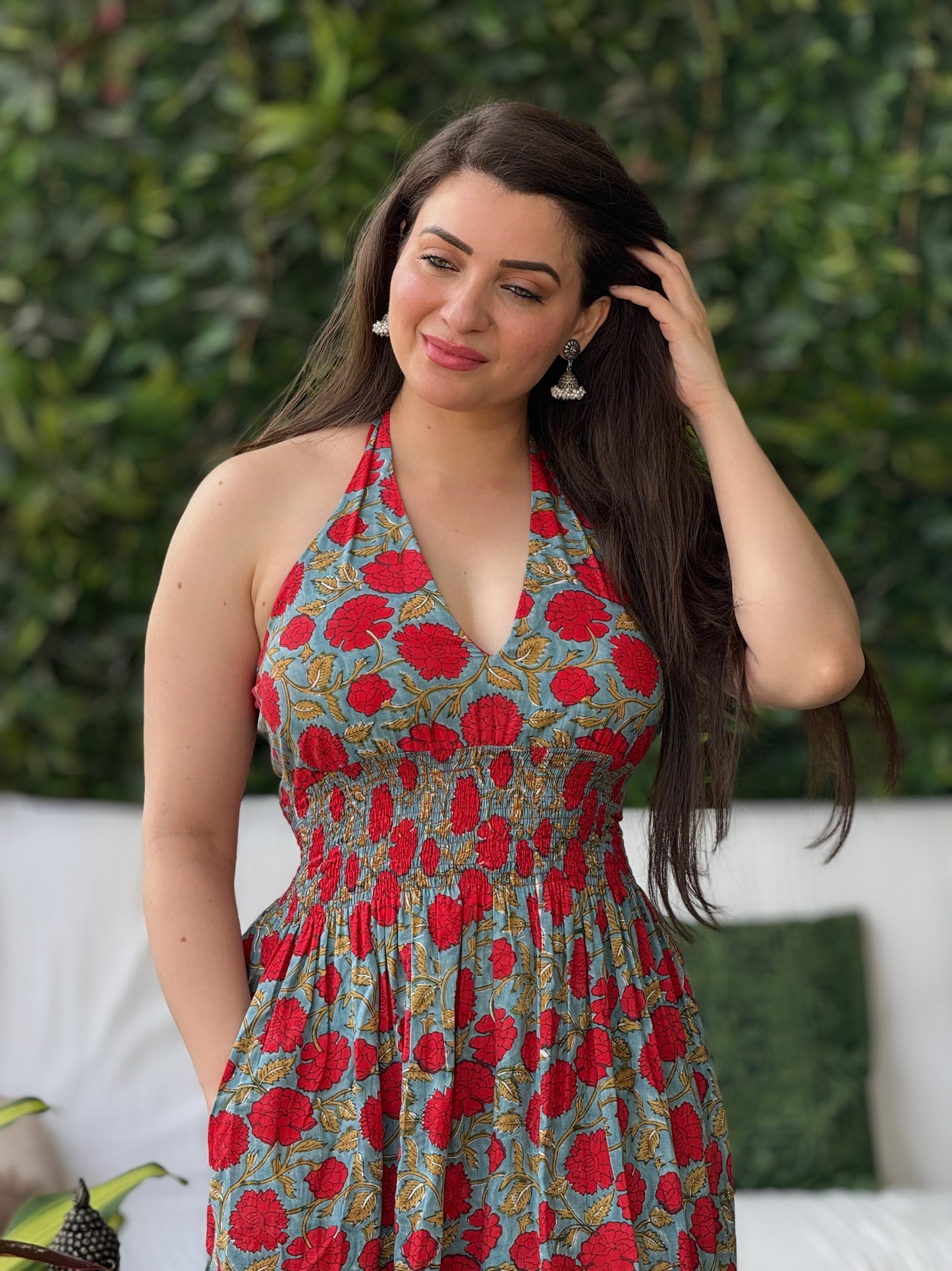 Saacha Red Handblock Printed Pure Cotton Sleeveless Dress