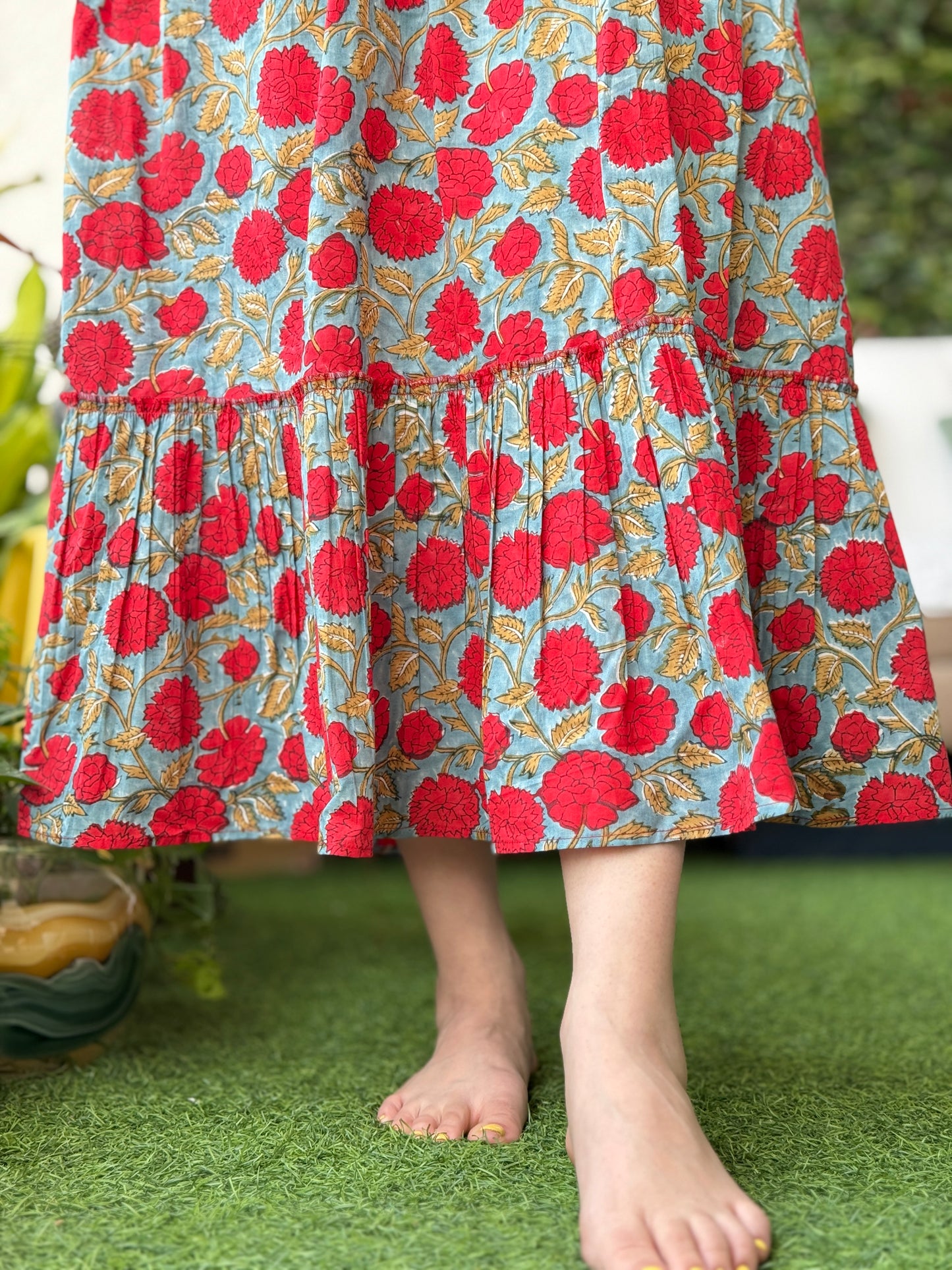 Saacha Red Handblock Printed Pure Cotton Sleeveless Dress