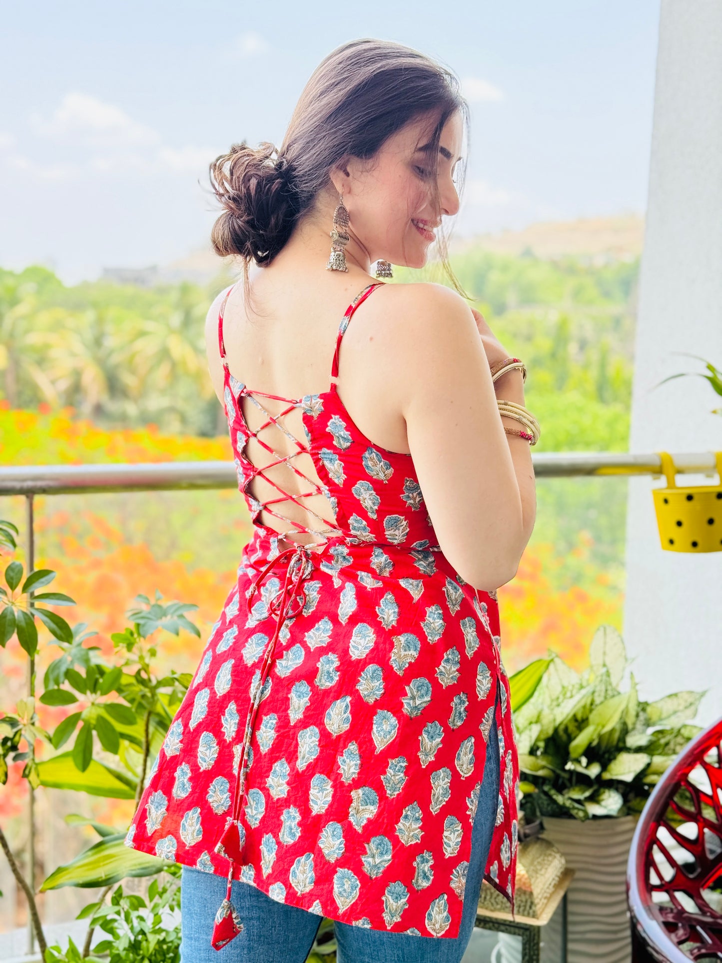 women's top red hand block printed 100% pure cotton