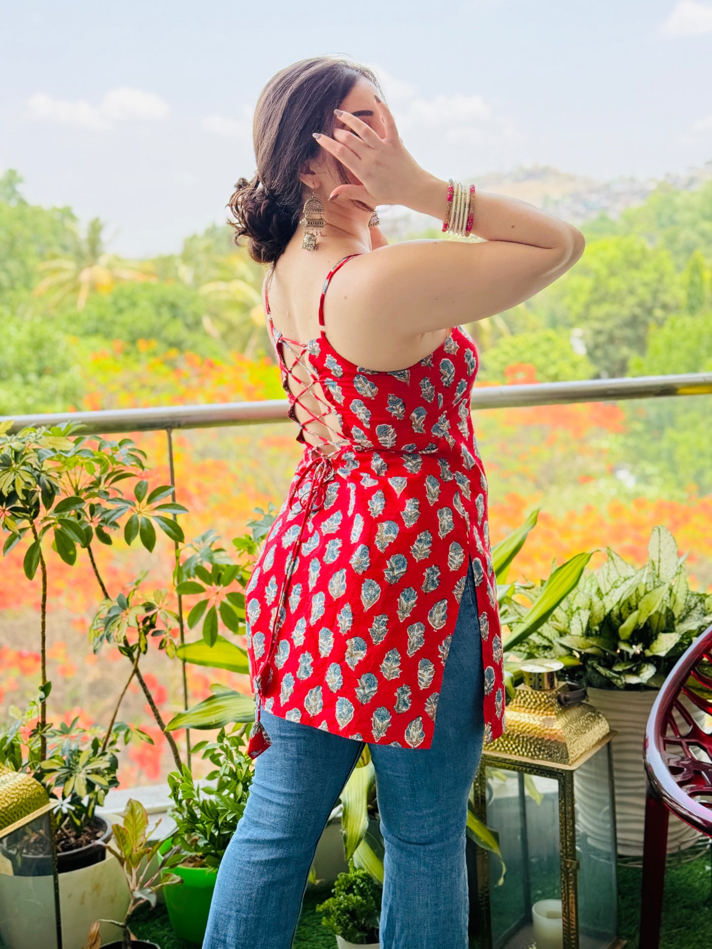 women's top red hand block printed 100% pure cotton
