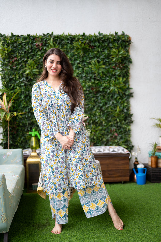 Hand Block Printed White & Yellow Printed Cotton Cord -Set