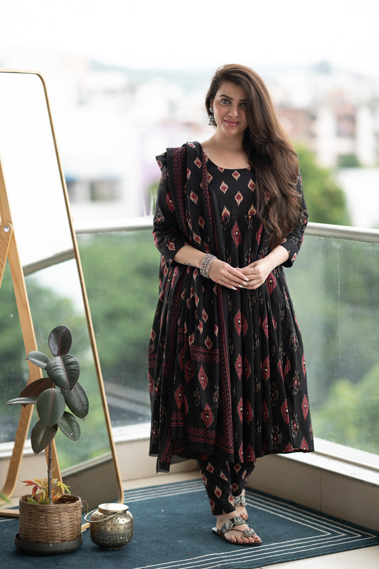 Saacha Black Anarkali Pure Cotton Kurta With Trousers & Dupatta