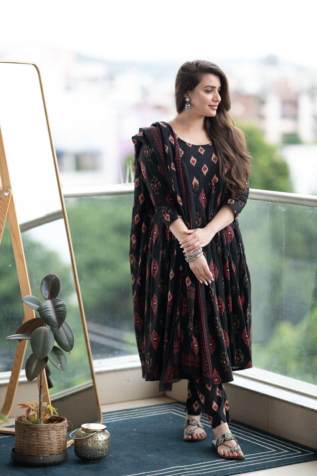 Saacha Black Anarkali Pure Cotton Kurta With Trousers & Dupatta