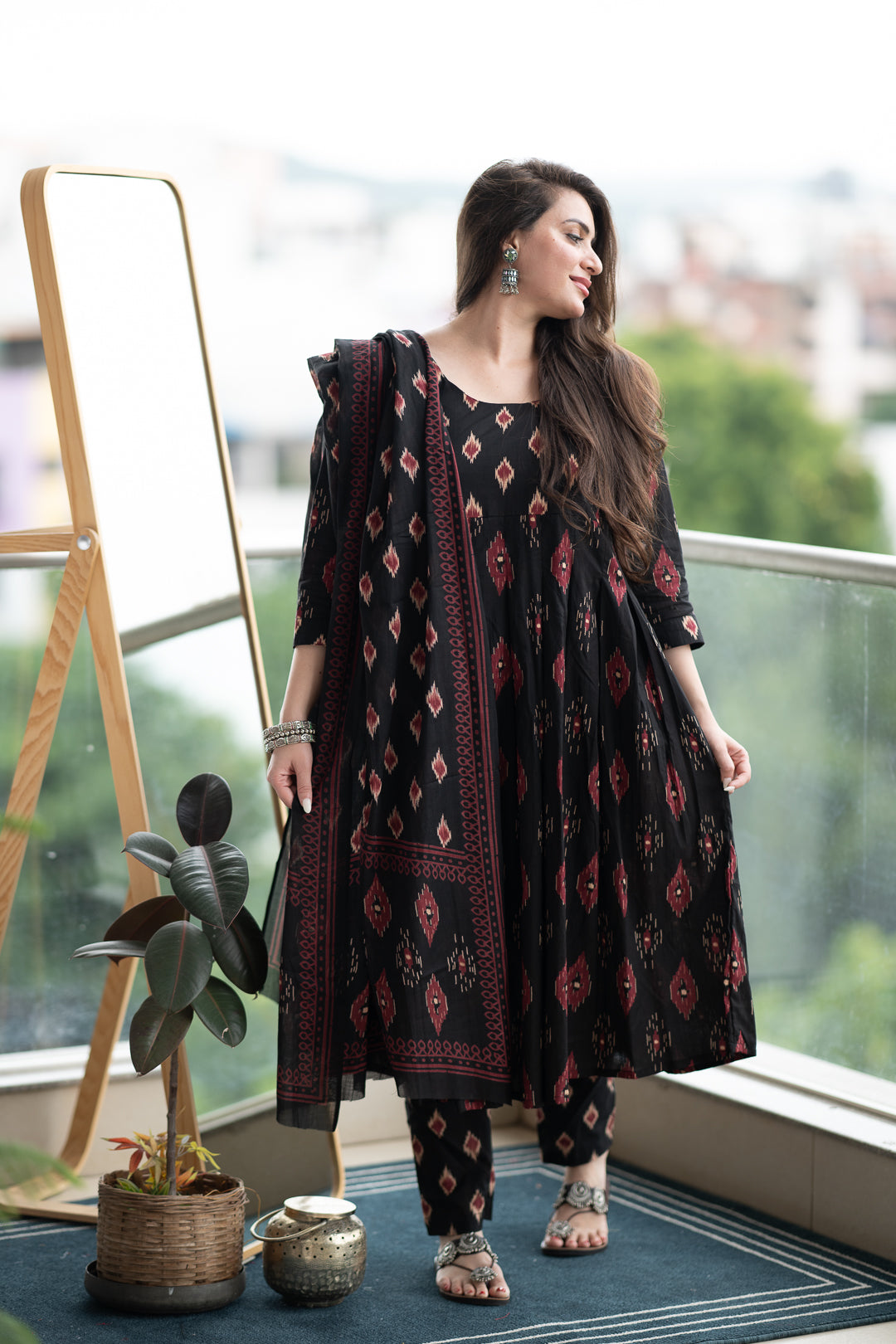 Saacha Black Anarkali Pure Cotton Kurta With Trousers & Dupatta