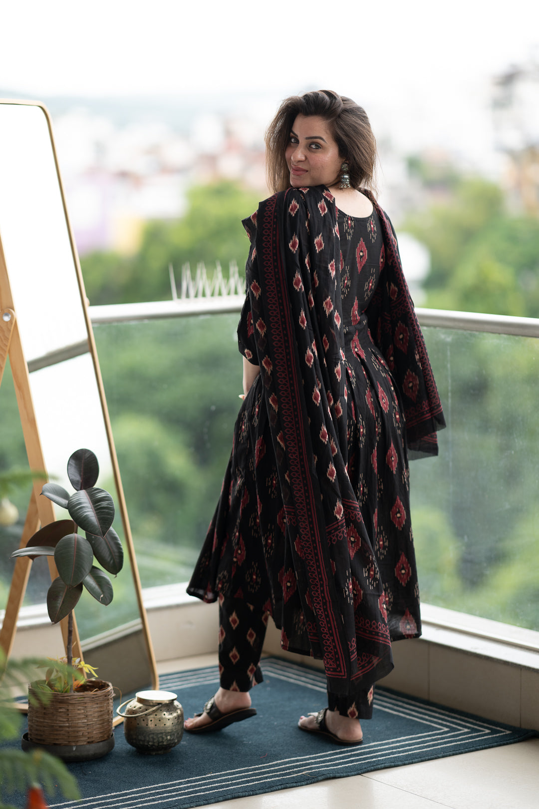 Saacha Black Anarkali Pure Cotton Kurta With Trousers & Dupatta