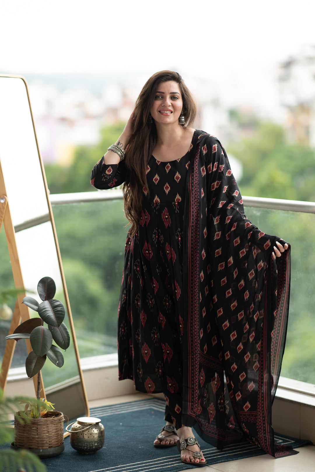 Saacha Black Anarkali Pure Cotton Kurta With Trousers & Dupatta