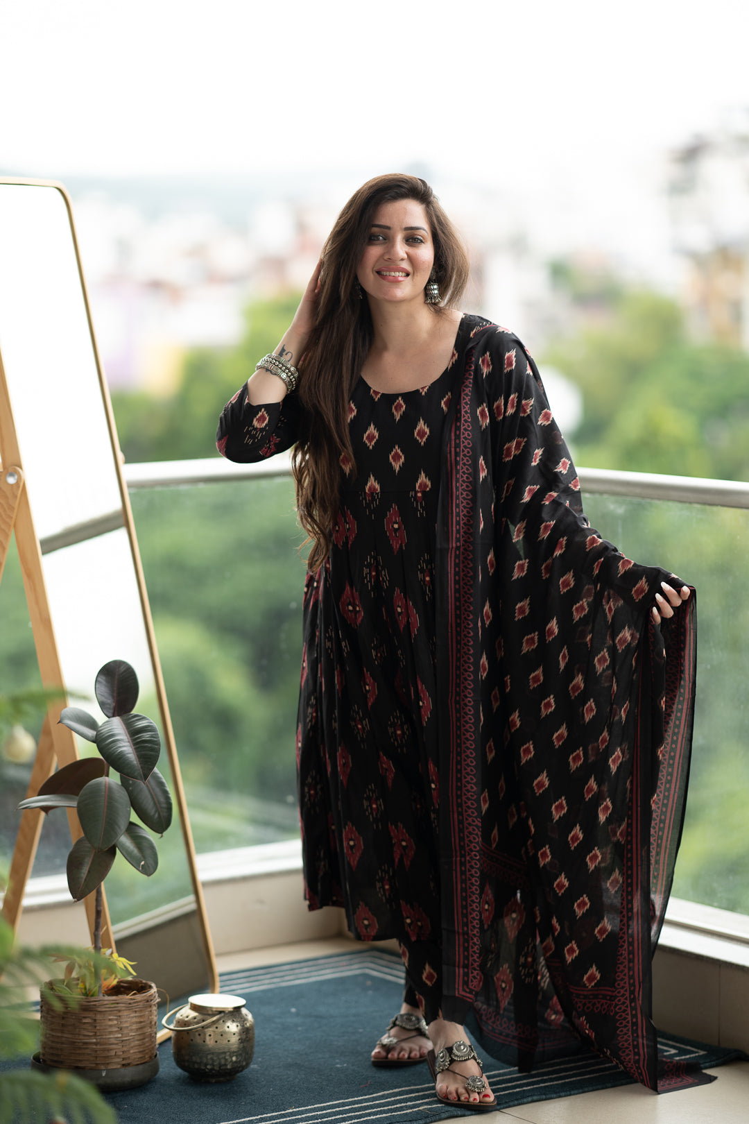 Saacha Black Anarkali Pure Cotton Kurta With Trousers & Dupatta
